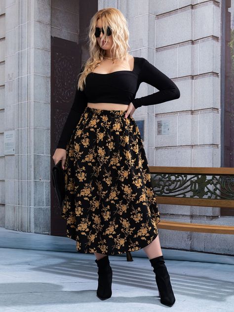 f337d999d9ad116a7b4f3d409fcc6480desc52676519ri Moda Curvy, Long Skirt Outfits, Look Plus Size, Bohemian Mode, Moda Boho, Looks Street Style, Floral Print Skirt, Plus Size Skirts, Plus Size Kleidung