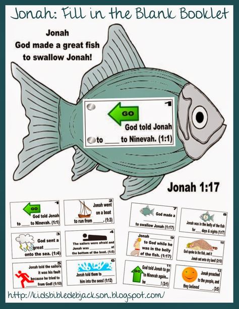 Jonah fill in the blank booklet Jonah Bible Story, Jonah Craft, Jonah Bible, Sunday School Printables, Fish Coloring, Bible Quiz, Jonah And The Whale, Bible Mapping, Bible Activities For Kids