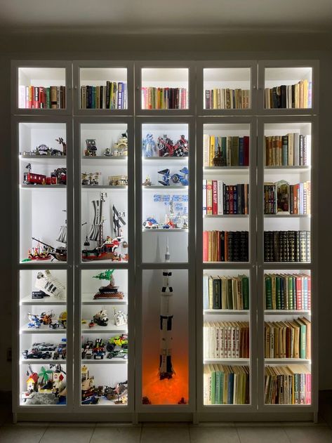 #ikeahack #ikeadiy #furniture Ikea Billy Lego Display, Living Room Lego Display, Lego Billy Ikea, Bookshelves With Led Lights, Lego And Book Display, Lego Display Bookcase, Billy Bookcase Display Cabinet, Lego Glass Display Cabinet, Lego Display Office