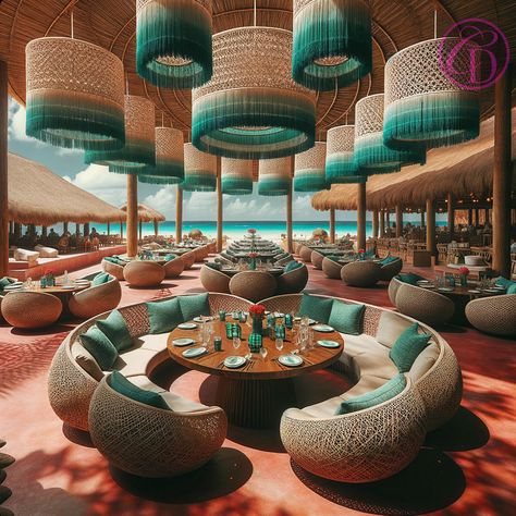 Restaurant Stage Design, Colored Cement Floor, Spanish Restaurant Design, Restaurant Design Plan, Interior Turquoise, Mediterranean Hotel, Beachfront Restaurant, Mexican Restaurant Design, Outdoor Restaurant Patio