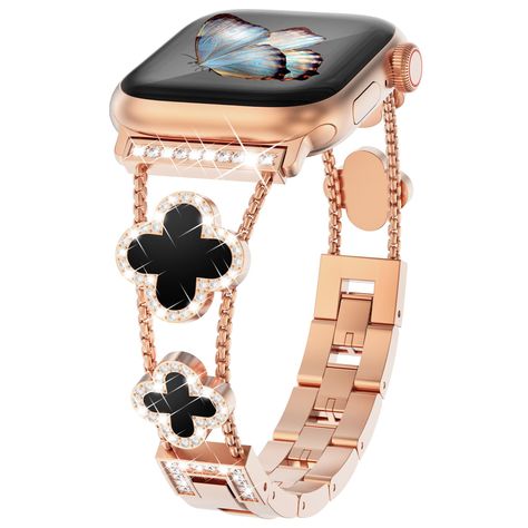 PRICES MAY VARY. 🍀💎【Unique 4 Leaf Colver Design with Diamonds】The luxury apple watch band adorned with the most popular four-leaf clover design, symbolizing luck and hope, health, happiness and love, reputation & wealth. The four-leaf clover is surrounded by inset diamonds, ensuring your bling womens rose gold apple watch band shines from every angle, revealing dignity and elegance in luxury. It's the perfect combination of personality and style, you'll get lots of compliments. 🔝【Lightweight Newest Apple Watch, Apple Watch Bands Women Fashion, Things To Get For Christmas, Gold Apple Watch Band, Cute Apple Watch Bands, Bands For Apple Watch, Apple Watch Bands Women, Rose Gold Apple Watch, Apple Watch Bracelets