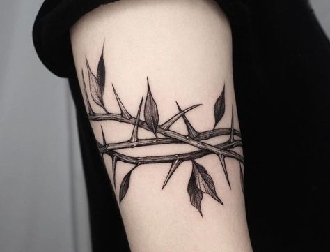 Briar Patch Tattoo, Thorn Wreath Tattoo, Black Thorn Tattoo, Thorn Wrist Tattoo Men, Thorn Tattoo Wrist, Thorns And Leaves Tattoo, Barbed Wire And Vine Tattoo, Thorns Chest Tattoo, Thorn Wrap Around Tattoo