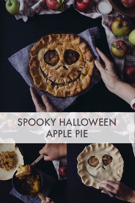 Spooky halloween apple pie. A yummy and fun twist that's easy as pie to make! #ApplePie #HalloweenDessert #SpookyApplePie Halloween Apple Pie, Samhain Recipes, Plat Halloween, Halloween Backen, Pasteles Halloween, Creepy Halloween Food, Halloween Apples, Spooky Halloween Food, Dessert Halloween