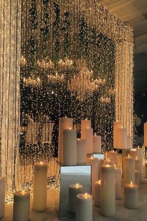 Indoors Wedding, Wedding Ceremony Flower Arrangements, Fairy Light Backdrops, Ceremony Outdoor, Fairy Lights Wedding, Wedding Indoor, Light Backdrop, Wedding Country, Prom Theme