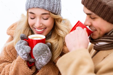 Warming Drink. Romantic Couple Drinking Hot Chocolate Outdoors In Winter Day by Prostock-studio. Warming Drink. Romantic Couple Drinking Hot Chocolate With Marshmallows Outdoors In Winter Day, Holding Red Mugs, Enj... #Sponsored #Hot, #Drinking, #Outdoors, #Chocolate Drinking Hot Chocolate Pose, Cart Photoshoot, Hot Chocolate Images, Couple Drinking, Hot Chocolate With Marshmallows, Chocolate With Marshmallows, Drinking Hot Chocolate, Snow Photos, Winter Fire