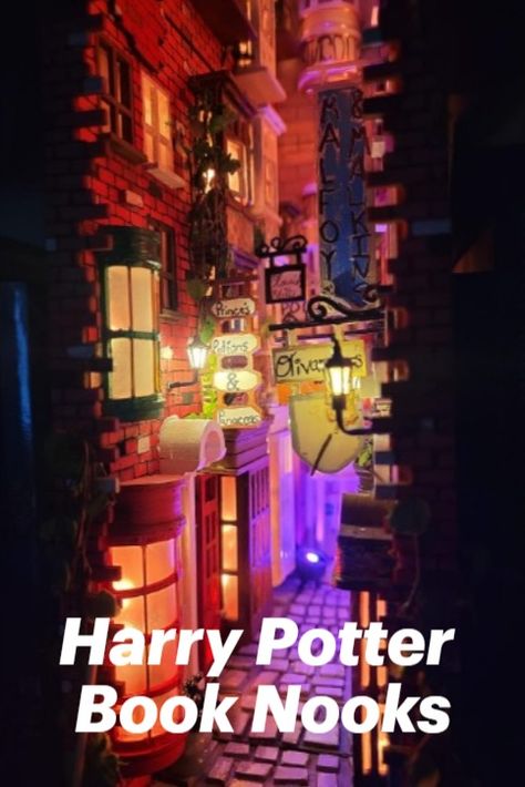 harry potter book nooks Diagon Alley Book Nook Diy, Harry Potter Book Nook Diy, Diagon Alley Diy, Diagon Alley Book Nook, Booknook Ideas, Harry Potter Book Nook, Harry Potter Diagon Alley, Book Nook Kit, Harry Potter Miniatures