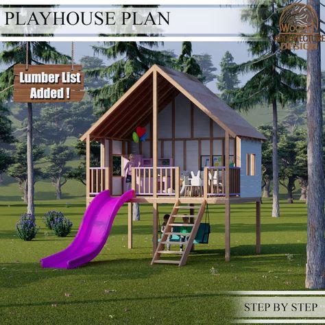 Playhouse Build Plans for Kids A Frame Treehouse With Large - Etsy Canada Deck With Slide, Playhouse Plan, Kids Outdoor Playground, Modern Playhouse, Backyard Fort, Playhouse With Slide, Tree Deck, Playhouse Plans, Tree House Plans