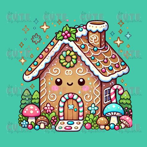 Christmas Gingerbread House Drawing, Gingerbread Character Design, Gingerbread House Drawing Easy, Gingerbread House Cartoon, Kawaii Christmas Drawings, Noel Cute, Kawaii Digital Art, Kawaii Gingerbread, Gingerbread House Clipart