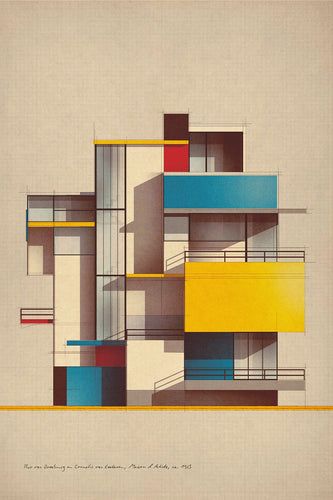 Theo Van Doesburg, Bauhaus Architecture, Bauhaus Art, Bauhaus Design, Piet Mondrian, Architecture Illustration, Limited Edition Art Print, Architecture Sketch, Strong Colors