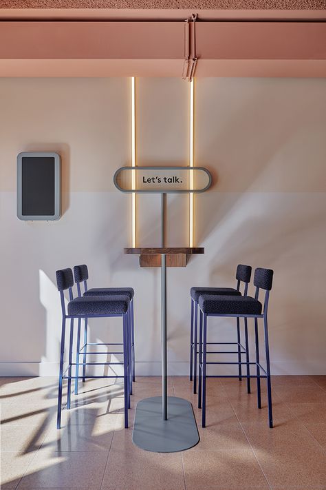 A hangout area near reception includes vintage barstools reupholstered in Kvadrat fabric. Urban Hotels, Interior Design Minimalist, Kursi Bar, Coffee Shop Design, Cafe Interior Design, Trendy Bedroom, Design Del Prodotto, Restaurant Interior Design, Hospitality Design