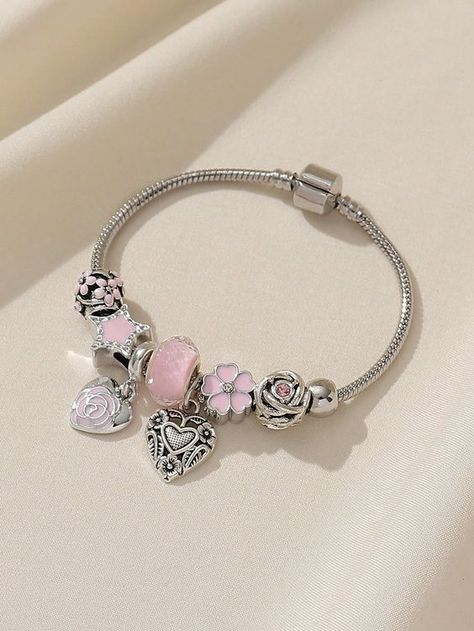 Silver  Collar  Copper   Embellished   Women Fashion Jewelry Pandora Bracelet Ideas Inspiration, Pink Pandora Bracelet, Pandora Bracelet Ideas, Jewelry Accessories Silver, Pandora Bracelet Charms Ideas, Girly Bracelets, Pandora Bracelet Designs, Pandora Armband, Crystal Bead Jewelry