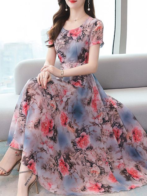 Flower Long Skirt, Floryday Vestidos, Long Skirt Summer, Trendy Dresses Summer, Dress With Short Sleeves, Langer Rock, Short Sleeve Maxi Dresses, Flower Print Dress, Dress Stores Online