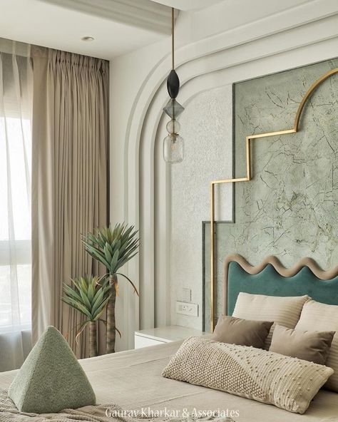 Greens And Neutrals, Home Interior Accessories, Bedroom Interior Design Luxury, Luxury Bedroom Design, Ceiling Design Bedroom, Smart Home Design, Bed Back, Bedroom Decor Design, Bedroom Bed Design