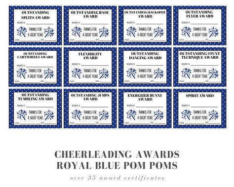 Cheerleading Award Certificates Royal Blue Pom Poms | Etsy Cheerleading Awards Certificates, Cheerleading Certificates Free Printable, Dance Team Awards Banquet, Cheer Certificates Templates, Cheer Awards Banquet Gift Ideas, Cheer Superlatives, Cheerleading Award Ideas, Cheer Awards Certificates, Cheer Superlatives Awards