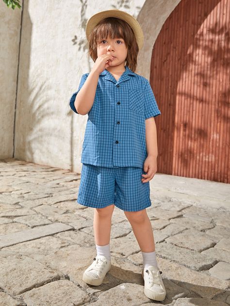 Dusty Blue Preppy  Short Sleeve Polyester Plaid  Embellished Non-Stretch  Toddler Boys Clothing Preppy Toddler Boy Outfits, Preppy Toddler Boy, Preppy Toddler, Baby Pyjamas, Boy Silhouette, Children Style, Blue Preppy, Preppy Shorts, Stylish Kids Outfits