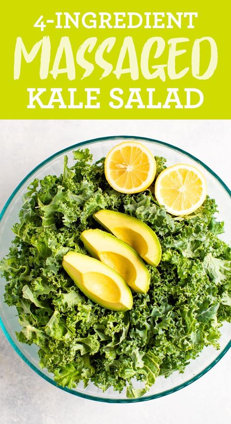 This easy massaged kale salad uses avocado, lemon juice and sea salt to soften the kale and make a simple and delicious salad. It’s the perfect base for your favorite salad toppings.  #kalesalad #salad #kale #lemon #eatingbirdfood #vegan #vegansalad Lemon Kale Salad, Kale Avocado Salad, Massaged Kale Salad, Salad Kale, Massaged Kale, Avocado Salad Recipes, Favorite Salad, Kale Recipes, Salad Toppings