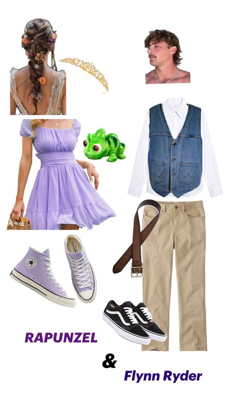 Halloween costume ideas Rapunzel And Flynn Ryder Halloween, Couple Halloween Costumes Rapunzel And Flynn, Flynn Rider Diy Costume, Rapunzel Costume Ideas For Women, Tangled Group Costume, Cute Halloween Costumes Modest, Diy Flynn Rider Costume, Rupanzel Halloween Costume, Rapanzul Halloween Costume