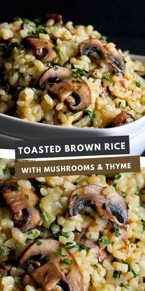 Brown rice with mushrooms and herbs in a white bowl. Good Housekeeping Recipes, Brown Rice With Mushrooms, Rice Recipes Side, Rice With Mushrooms, Healthy Rice Recipes, Rice Side Dish Recipes, Thyme Recipes, Healthy Rice, Rice Side