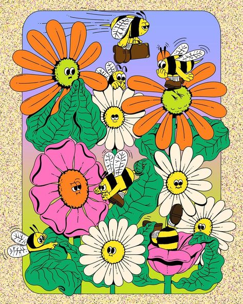 Retro Bee Illustration, Flower With Face Illustration, Bee Flower Illustration, Flower Character Illustration, Cute Bee Art, Bee Branding, Bees Illustration, Bumble Bee Illustration, Lauren Martin