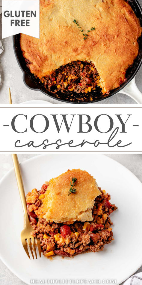 cowboy cornbread casserole in a cast iron skillet Healthy Little Peach Cowboy Casserole, Cowboy Casserole With Cornbread, Gluten Free Cornbread Casserole, Ground Beef Cornbread Casserole, Cowboy Cornbread Casserole, Cornbread Topping, Canned Veggies, Cowboy Cornbread, Fluffy Cornbread