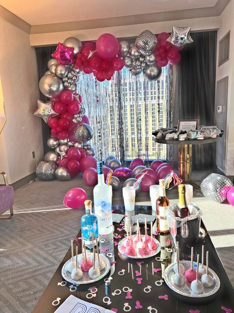 Bachelorette Hotel Room Decorations, Bejeweled Bachelorette, Bachelorette Party Room, Airbnb Party, Disco Balloon Garland, Hot Pink Birthday Decorations, Brides Last Disco, Dolly Parton Birthday, Groovy Bachelorette