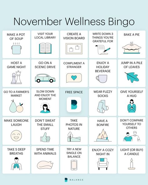 November Wellness Bingo | Balance App November Self Care, November Wellness, Wellness Bingo, Self Care Bingo, Wellness Ideas, Twenty Twenty, Wellness Activities, Personal Wellness, Self Care Bullet Journal