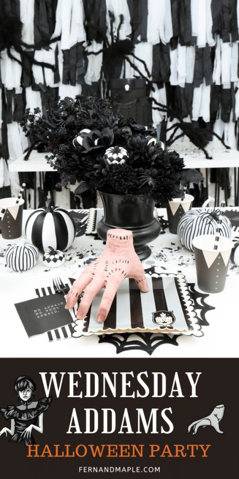 Set up a Wednesday Addams Halloween party with a frightening fringe backdrop, dark DIY décor, spooky place settings, and more! Wednesday Addams Halloween, Halloween Floral Arrangements, Spooky Places, Fringe Backdrops, Halloween Front Porch, Diy D, Halloween Pins, Halloween Party Ideas, Happy Party