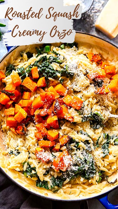 This creamy orzo pasta with roasted butternut squash, kale, fresh sage and Parmesan cheese ticks all the boxes! Creamy Orzo Pasta, Creamy Orzo, Orzo Recipes, Butternut Squash Recipes, Orzo Pasta, Dinner Meals, Roasted Butternut Squash, Roasted Butternut, Squash Recipes