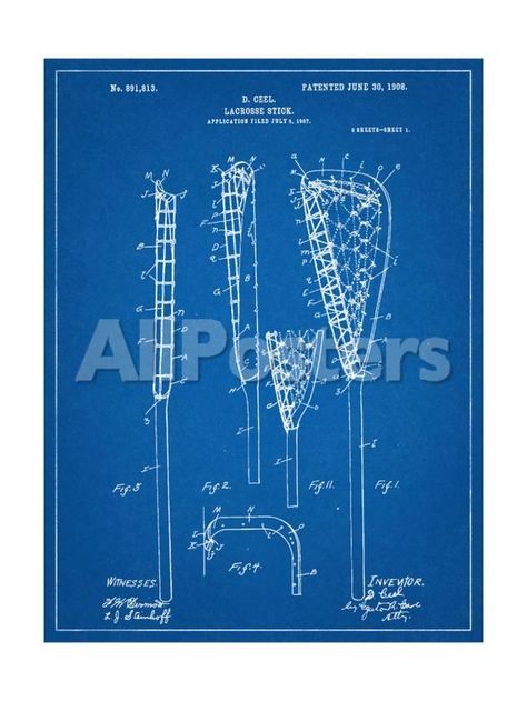 Lacrosse Stick Patent Sports Art Print - 46 x 61 cm Vintage Sports Bedroom, Lacrosse Stick, Blueprint Art, Lacrosse Sticks, Art Print Display, Patent Art, Sports Art, Patent Prints, Holiday Art