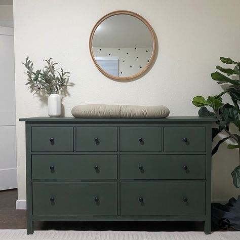 Nursery woodland olive green diy dresser boy nursery. Olive Dresser Nursery, Green Dresser Boys Room, Olive Crib Nursery, Olive Green Dresser Diy, Olive Green Nursery Furniture, Green Dresser In Nursery, Black Grey Nursery, Olive Green Furniture Paint, Black Dresser In Nursery