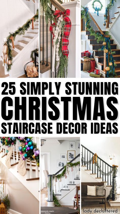 25 Simple Stunning Christmas Staircase Decor Ideas Christmas Railings Decor, Christmas Decoration For Stairs Railings Banisters, Bannister Christmas Decor Garlands, Christmas Bannister Ideas Diy, Ribbon Staircase Christmas, Two Story Foyer Christmas Decor, Christmas Indoor Staircase Decor, Christmas Decor Staircase Railings, Christmas Garland Ideas For Stairs