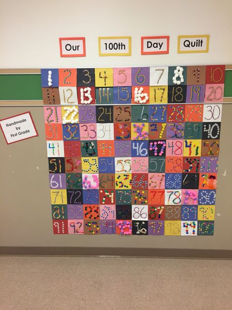 100 th day of school display- just a pic- using 6x6 pieces of construction paper in 10 colors I wrote the numbers 1-100 in black sharpie.  Giving 25 numbers to each first grade class, we used  5 craft materials each to glue onto the number... Ex. Stickers, Pom poms, yarn, toothpicks, cotton balls, beans, etc.  we then hung the pieces in a quilt display and titled it"our 100 th day quilt" the kids were so excited to see their number as part of the quilt! 100th Day Of School Schoolwide, 100 Th Day Of School, 100 Días De Clases, 100th Day Of School Crafts, 100s Day, School Display, 100 Day Of School Project, February Classroom, Quilt Display