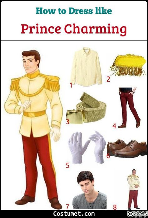 Prince Charming's costume consists of a yellow long-sleeved top with golden epaulets. He styles his shirt with a gold belt and wears a pair of white gloves. He also wears red pants. To finish the look, wear a brown wig. #fairytale #male #cartoon #prince #Cinderella #fairytale Diy Prince Charming Costume Men, Couple Halloween Costumes Princess, Diy Prince Charming Costume, Cinderella And Prince Charming Costume, Fairytale Characters Costumes, Disney Prince Costume, Prince Charming Outfit, Prince Costume For Boy, Prince Charming And Cinderella