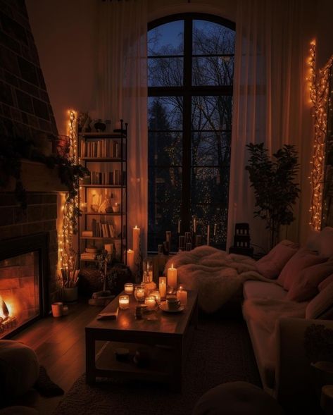 Cozy Lighting Living Room Night, Candlelit Apartment, Winter Apartment Aesthetic, Candlelit Living Room, Candle Lit Living Room, Fireplace Aesthetic Cozy, Cozy Couch Aesthetic, Cozy Fireplace Aesthetic, Cozy Fireplace Seating