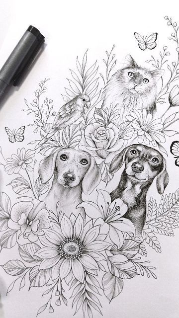 Dog And Sunflower Tattoo, Flower And Animal Tattoo Sleeve, Dog Tattoo Floral, Multiple Dog Tattoo, Daisy And Tulips, Louise Tattoo, Daschund Tattoo, Pet Portrait Tattoo, Portrait Tattoo Design