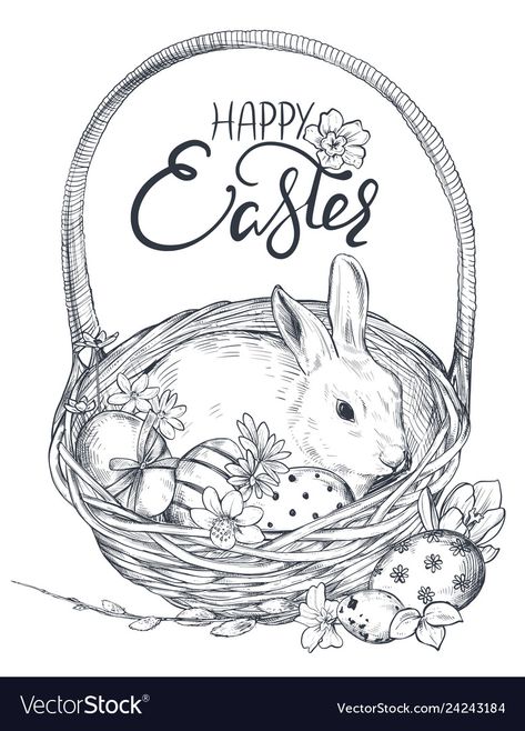 Easter Drawings, Rabbit Vector, Basket Drawing, Easter Illustration, Realistic Sketch, Fancy Flowers, Easter Party Decor, Watercolor Poppies, Easter Coloring Pages