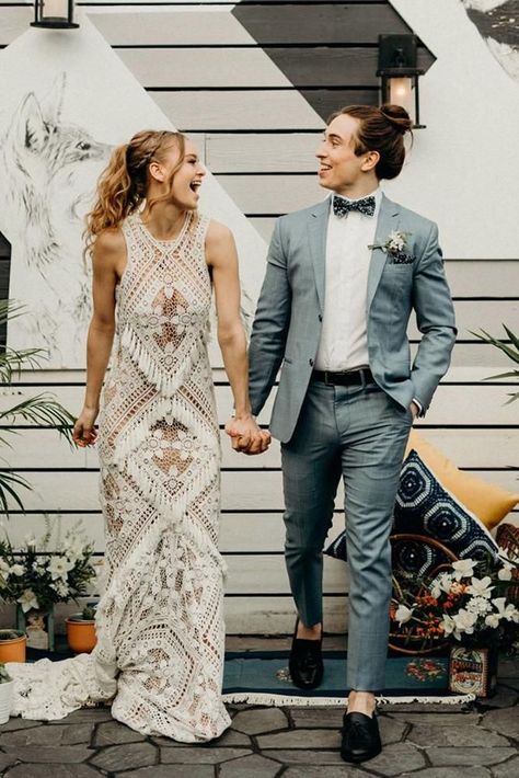 Classic grey boho groom attire.See more: https://www.weddingforward.com/groom-attire/ #weddingforward #wedding #groomattire #bohogroomattire Bohemian Wedding Attire, Bohemian Groom, Casual Grooms, Groom Wedding Attire, Wedding Suits Groom, Boho Wedding Inspiration, Wedding Attire Guest, Foto Poses, Wedding Forward