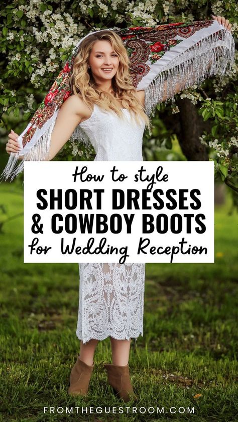 a woman wears cowboy boots and wedding reception dress, western outfits Ankle Boots Wedding Dress, Dresses With Low Cut Boots, Dress And Cowboy Boots Outfit Wedding Guest, Green Dress And Cowboy Boots, Vegas Cowboy Wedding, Floral Dress Cowboy Boots, How To Wear White Cowboy Boots, Mother Of The Bride Dresses With Cowboy Boots, Mid Calf Cowboy Boots Outfit