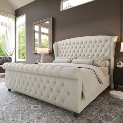 Transform your bedroom into a luxurious sleep space with this low-profile sleigh bed. The elegantly curved headboard is upholstered in rich chenille fabric, and it showcases deep diamond-shaped button tufting, giving your space a sophisticated look. Made from engineered wood, this bed frame has 12 wooden slats and center support legs for a stable foundation - no box spring is needed. The foam-filled headboard offers an inviting place to lean back and enjoy a good book or your favorite TV show. P Bedroom Transformation, Classy Room, Classy Rooms, Upholstered Sleigh Bed, Tufted Upholstered Bed, King Size Platform Bed, Adjustable Bed Base, Luxury Room, Lit King Size