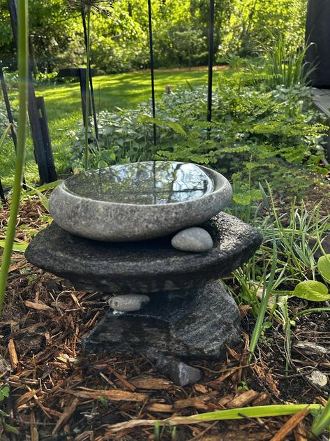 A beautiful river stone bird bath soaking up the Summer green around it! Unrealistic House, Unique Bird Baths, Bird Baths Homemade, Stone Bird Bath, Bath Rocks, Stone Bird Baths, Garden Wildlife, Homemade Bird Houses, Beautiful River