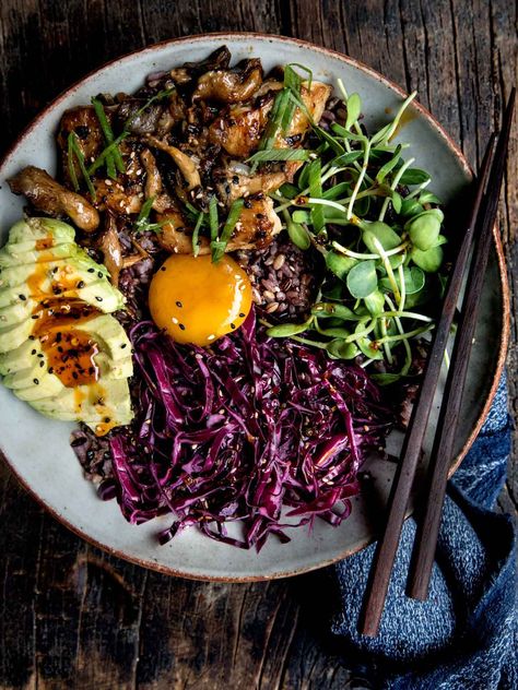 Chicken and Oyster Mushroom Donburi Rice Bowl - WILD GREENS & SARDINES Oyster Mushroom Recipe, Pickled Red Cabbage, Rice Maker, Cured Egg, Japanese Rice Bowl, Homemade Corn Tortillas, Pickled Cabbage, Oyster Mushroom, Rice Bowls Recipes