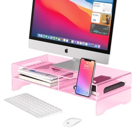 Joie Turquoise's Amazon Page Computer Monitor Decoration, Cute Ipad Stand, Pink Pc Setup Aesthetic, Double Monitor Desk Setup, Pink Monitor, Tv Stand Riser, Pink Office Desk, Office Desk Organization Ideas, Acrylic Monitor Stand