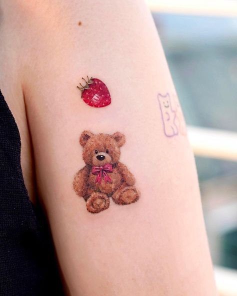 Gummy Bear Tattoo, Circus Collage, Teddy Bear Tattoo, Tattoos 2022, Strawberry Tattoo, My Saves, Bear Tattoos, Daisy Tattoo, Bow Tattoo