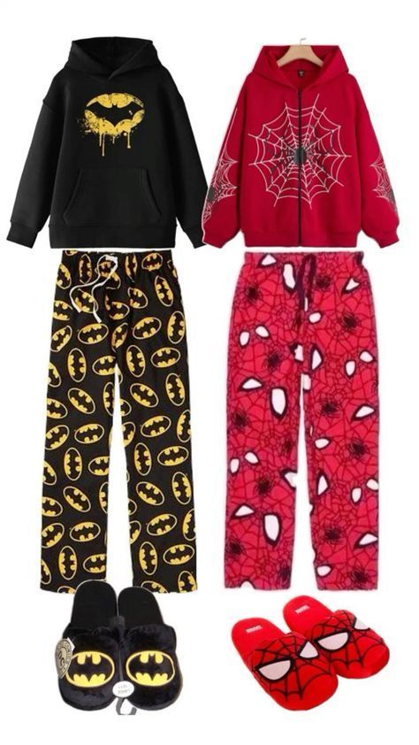 Batman Pjs, Spiderman And Batman, Hello Kitty Pjs, Pj Outfit, Spiderman Outfit, Bff Matching Outfits, Sneakers Outfit Casual, Bestie Outfits, Couple Matching Outfits