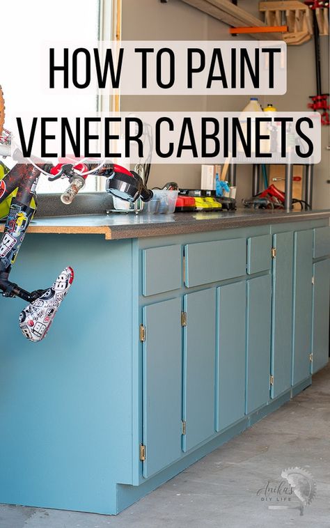 How to paint veneer cabinets the right way. Learn how to paint wood veneer cabinets in the kitchen, bathroom or garage with this complete guide and tutorial. #anikasdiylife Paint Veneer Cabinets, Veneer Kitchen Cabinets, Painting Veneer Furniture, Painting Veneer, Veneer Cabinets, Woodworking Diy Gifts, Veneer Kitchen, Kitchen Renovation Diy Ideas, Veneer Furniture