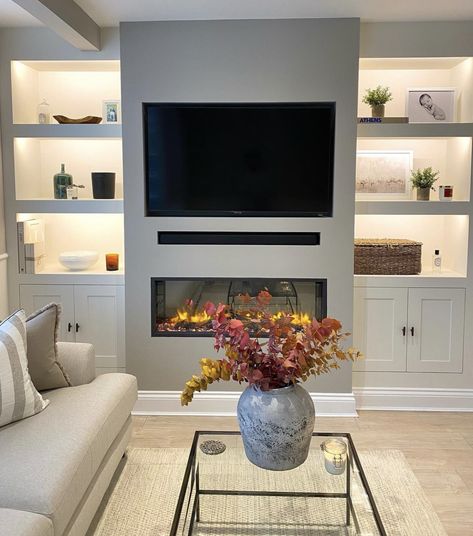 Electric Fire Media Wall, Media Wall Small Living Room, Tv On Chimney Wall, Latest Tv Wall Unit Designs, Tv Media Wall, Media Wall Ideas, Sleek Fireplace, Feature Wall Living Room, Snug Room