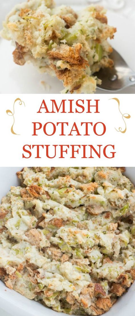 A delicious potato stuffing recipe, just like the Amish make it in Pennsylvania Dutch country. Potatoe Stuffing, Amish Potato Stuffing, Autumn Chicken, Potato Stuffing, Amish Food, Pennsylvania Dutch Recipes, Mennonite Recipes, Potato Filling, Pennsylvania Dutch Country