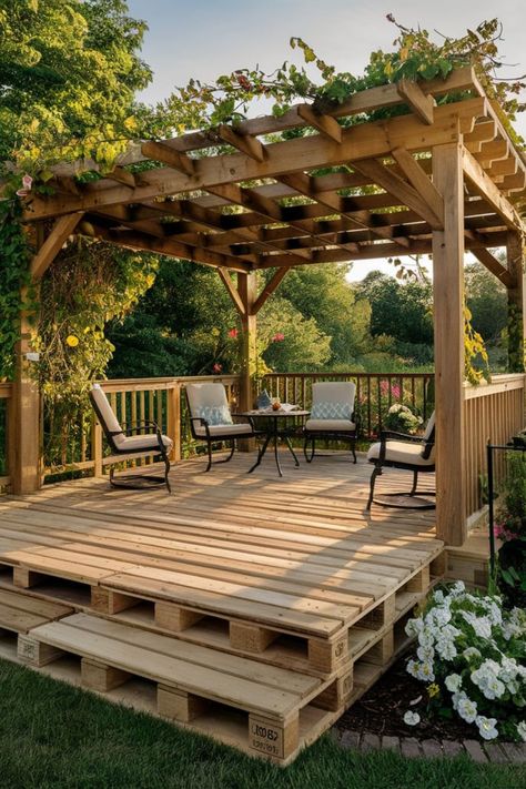 19 DIY Pallet Patio Deck [Complete Guide]  – craftydiyers.com Diy Deck From Pallets, Palet Decking Diy Patio, Deck Made From Pallets, Pallet Gazebo Ideas, Pallet Gazebo, Pallet Decks, Backyard Deck Designs, Diy Pallet Patio, Pallet Patio Decks