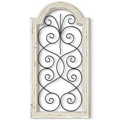 Decorative Wood and Metal Scroll Wall Décor: Enhance the look of your home decor with our rustic, Victorian-inspired metal and wood wall art. A barn-style wall panel boasts a whitewashed and distressed wooden window frame arch bordering a black wrought iron scroll design. The mix of materials certainly gives it a gothic style and antique appeal. The generous size of this large, wall-hanging sculpture adds to its character. The perfect artwork to decorate an entryway, living room, bedroom, or kit Above Window Decor, Wood And Metal Wall Decor, Window Frame Wall Decor, Rustic Window Frame, Scroll Wall Art, Rustic Victorian, French Country Wall Decor, Window Frame Decor, Wood Window Frame