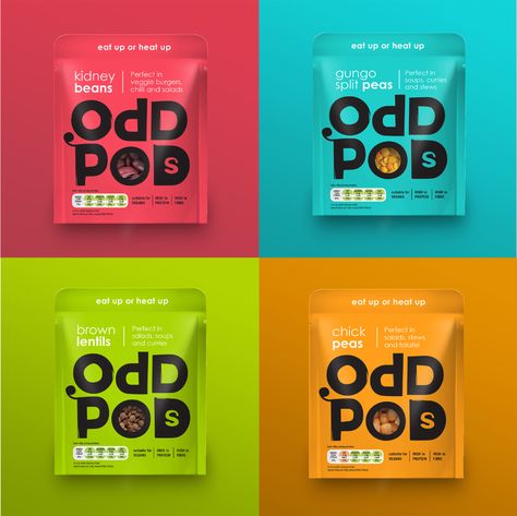 Oddpods on Packaging of the World - Creative Package Design Gallery Snack Logo Design Food Packaging, Healthy Packaging Design, Pouch Packaging Design Inspiration, Makhana Packaging, Candy Packaging Design, Typographic Layout, Snack Packaging, Food Logo Design Inspiration, Banner Design Layout